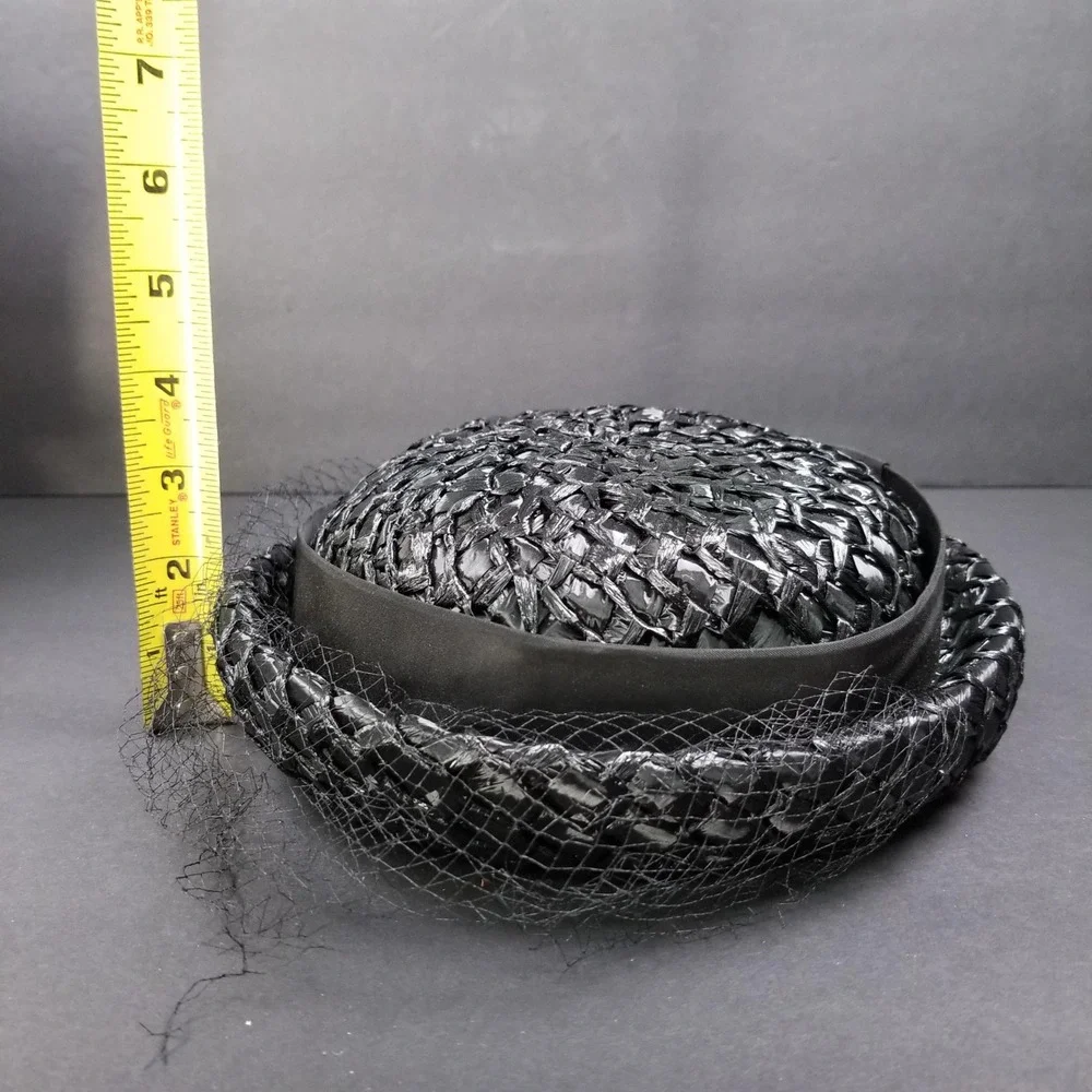 Michelle Vintage Black Woven Pillbox Hat‎ with Birdcage Veil Kentucky Derby